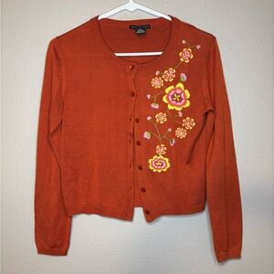 Anthropology Orange Floral Embroidered Silk Sweater